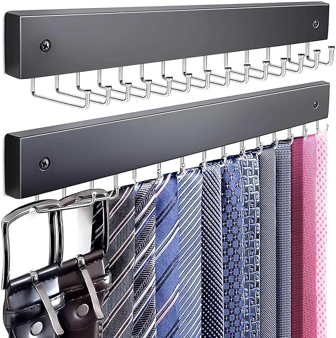 2Pack Tie Rack Wall Mounted, Wooden Belt Hanger Tie Organizer for Closet with 28 Folding Hooks, Space Saving Tie Holder and Belt Rack for Closet Wall Mount, Black