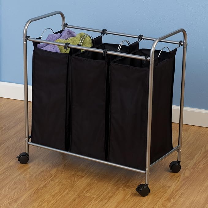 Household Essentials Rolling Triple Laundry Sorter, Silver