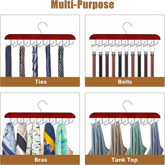 Tie Rack Hanger for Closet, 2 in 1 Belt Tie Hangers with 20 Folding Hooks, 360 Degree Rotating Wooden Tie Holder Organizer for Men Ties Belts Scarves Tank Tops Accessories, Walnut (2 Pack)