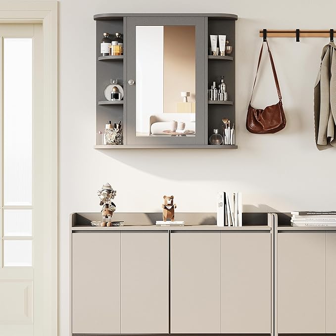 Shintenchi Bathroom Wall Cabinet with Mirror, Mounted Medicine Cabinets with 4 Internal and 6 Open Shelves, Mirrored Door Over the Toilet Storage, Gray