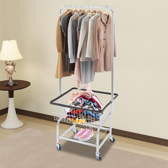 Laundry Cart with Hanging Rack, Metal Laundry Basket with Wheels, Laundry Hamper with Storage Basket & Shoe Rack, Rolling Laundry Hamper Sorter(110LBS Capacity,19.69" x 15.75" x 70.87", Black Trim)
