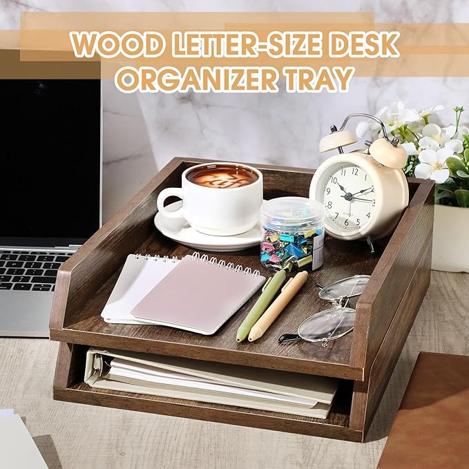 4 Pcs Wooden Letter Trays Wood Letter-Size Desk Organizer Heavy Duty 2 Tier Stackable Supports Paper Tray Desktop Drawer Organizer File Folder Magazine Office Accessories (Dark Wood)