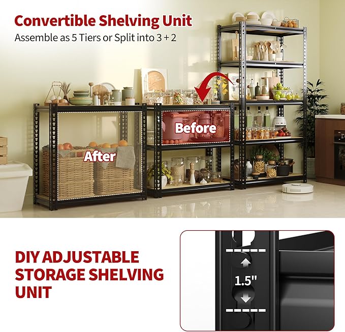 Heavy Duty Garage Storage Shelves, 2500 Lbs Capacity, 5-Tier Adjustable Storage Shelving Unit, 40" L x 20" W x 72" H Metal Shelving Racks for Kitchen Pantry Basement Bathroom Laundry