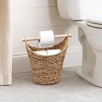 happimess PRH1000A Talia Classic Coastal Hand-Woven Water Hyacinth Toilet Paper Basket with Wood Bar, Reserve Storage for Extra Rolls, Free Standing Magazine Holder, Natural