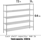 18" Deep x 72" Wide x 64" Height Wire Shelving Kit | 5-Tier | NSF Commercial Storage Rack Unit