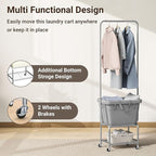 ELYKEN Laundry Cart with Hanging Rack, Rolling Laundry Hamper with Wheels, Laundry Basket with Removable Liner Bag and Shelf, Sturdy Metal Frame Dirty Clothes Basket for Hotel, Home, Closet, Dorm