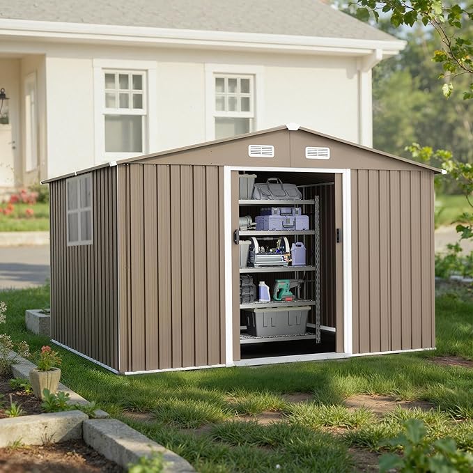 Kullavik 10FT x 8FT Outdoor Storage Shed with Window,Floor and Lockable Doors,Waterproof Metal Garden Tool Shed,Galvanized Steel shed for Backyard,Garden,Patio