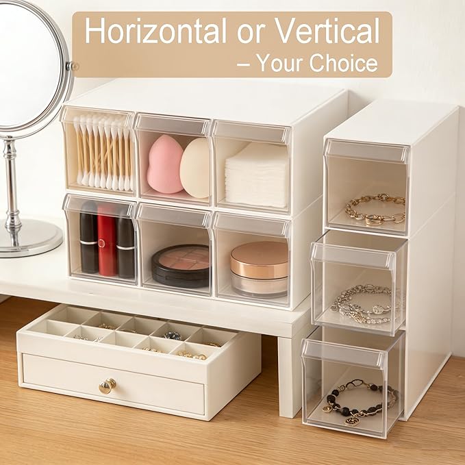 Stackable Drawer Organizer with 3 Drawer, Desktop Clear Storage Box for Stationary, Makeup, Jewelry, Office Craft Supplies