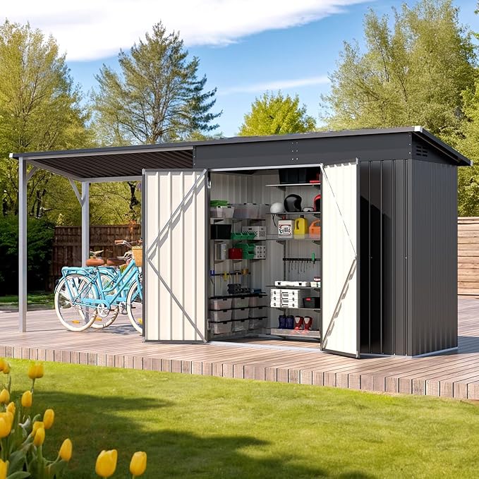 AECOJOY 8x4 FT Outdoor Storage Shed & Hardtop Gazebo Combo, 14x4FT Metal Lean to Shed with 6‘x4’ Open Pergola, 2-in-1 Tool Sheds & Outdoor Storage for Patio, Backyard, Garden