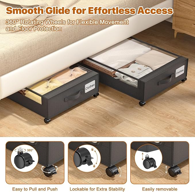 Under Bed Storage with Wheels,Under Bed Storage Containers with Clear Lids, Under-Bed Organizers for Clothes, Shoes – Durable Storage Bins with Smooth Rolling Wheels (Black, 4 Pack)