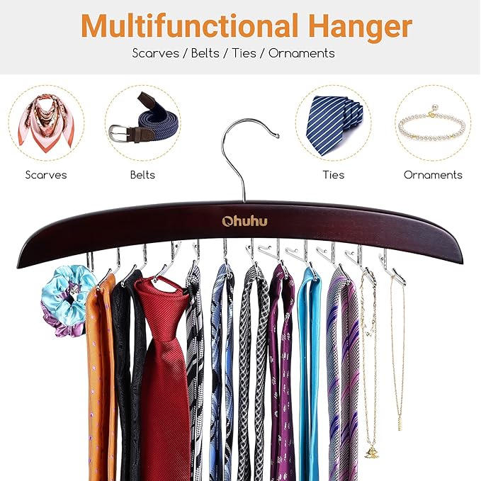 Tie Rack Hanger for Closet: Ohuhu 24 Folding Hooks Tie Hangers for Men Wooden Tie Holder Organizer Space Saving Necktie Storage 360 Degree Rotating Ties Belts Scarves Tank Tops Accessories-Walnut