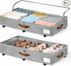 6 Inches Under Bed Storage with Wheels Pack of 2, Underbed Shoe Storage Container Bin with Clear Lid Cover, Rolling Under Bed Drawer Bag Basket for Shoe Organizer Sheet Sweater - Grey
