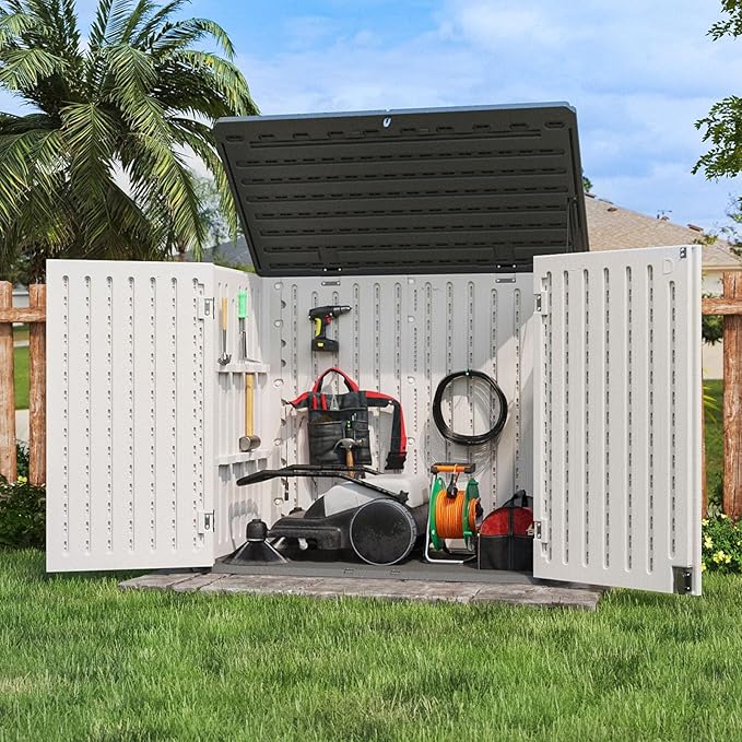 Patiowell Outdoor Storage Shed - Horizontal Storage Shed for Patio, Garden, Backyards, Multi-Opening Door Easily Storage for Trash Cans, Lawn Mower, Tools, 36 Cu Ft Without Shelf, Grey