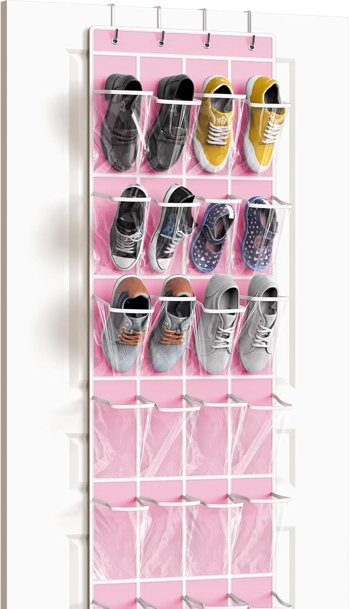 Simple Houseware 24 Pockets - Crystal Clear Over The Door Hanging Shoe Organizer, Pink (64'' x 19'')