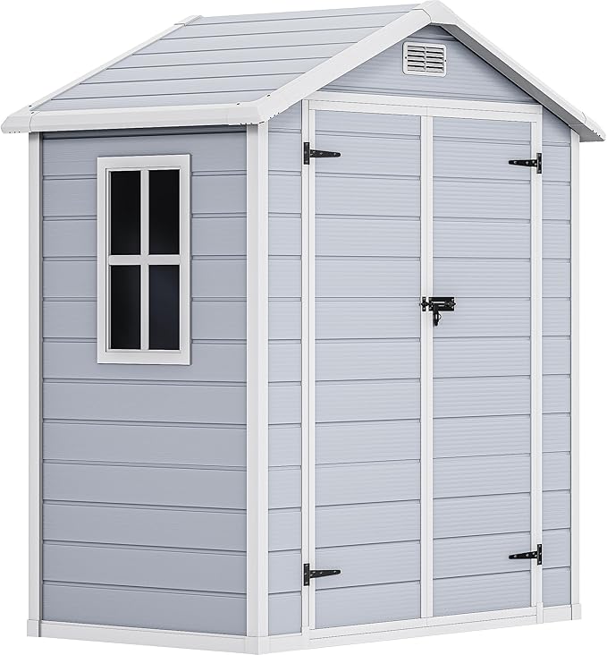 DWVO 6x4 FT Resin Storage Shed with Reinforced Floor, Outdoor Storage Shed with Lockable Door, Window and Vents, Waterproof Plastic Tool Storage for Garden, Backyard, Patio, Lawn