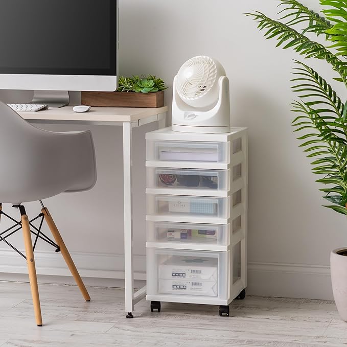 IRIS USA Craft Plastic Organizers and Storage, Rolling Storage Cart for Classroom Supplies, Storage Organizer for Art Supplies, Drawer Top Organizer for Small Parts, 5 Drawers, White/Clear