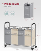 Tajsoon Laundry Sorter 4 Sections, Laundry Separator Hamper with Heavy Duty Lockable Rolling Wheels, Laundry Divider with Removable Bags for Dirty Clothes Storage, Beige & Grey
