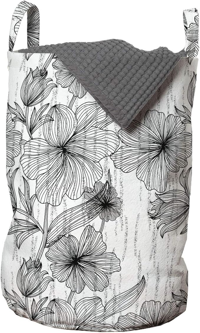 Ambesonne Floral Laundry Bag, Black and White Hand Drawn Line Art Design Wild Spring Flowers Illustration, Hamper Basket with Handles Drawstring Closure for Laundromats, 13" x 19", Black White