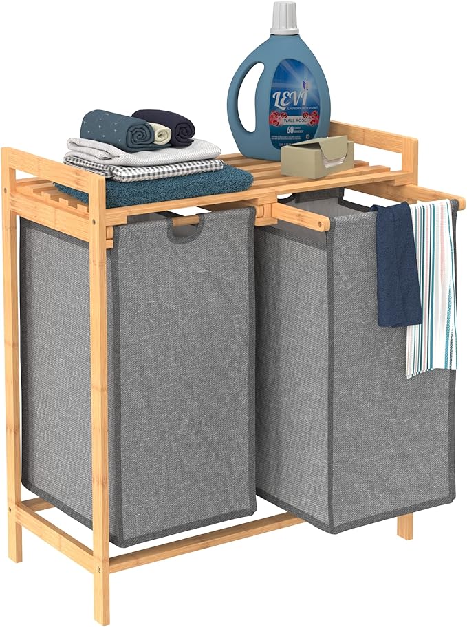 ClosetMaid Bamboo Laundry Hamper and Shelf, 2 Sliding Bag Sections, Laundry Sorter with Dual Compartments, Gray Bags, Natural Finish