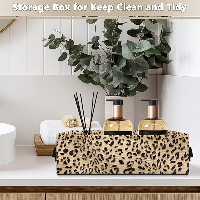 Small Storage Bin Basket with Handles for Organizing Toiletries Towels and Small Items, Versatile Storage Container Long Organizer Bins for Bathroom Living Room, Leopard Print