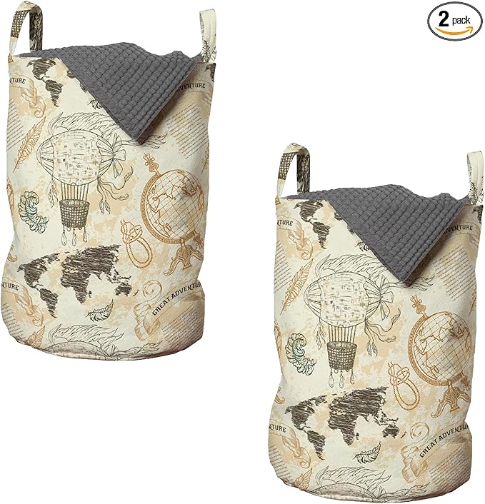 Ambesonne World Map Laundry Bag Pack of 2, Pattern Vintage Globe Atlas Theme Airship Knots Ribbon Retro Print, Hamper Basket with Handles Drawstring Closure, 13" x 19", Beige Green