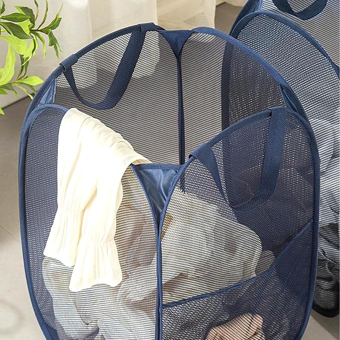 Pop up Laundry Hamper, Foldable Mesh Clothes Hamper for Kids Room, College Dorm or Travel, Collapsible Laundry Basket for Storage, Blue