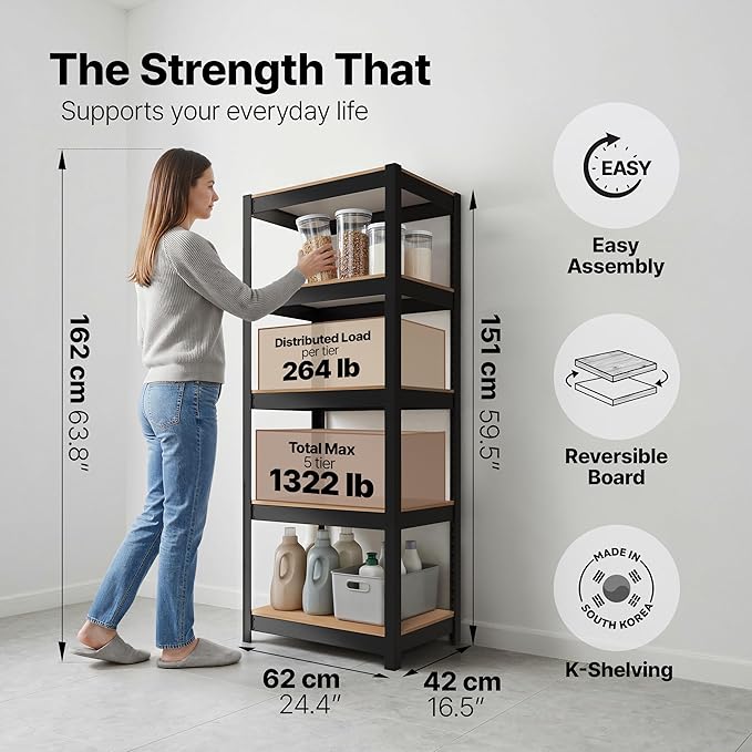 HOMEDANT House 5 Tier Heavy Duty Garage Shelving Adjustable Metal Rack Storage Shelves Standing Shelf Unit Organizers Pantry Closet Office (1, Black, 24.4" W x 16.2" D)