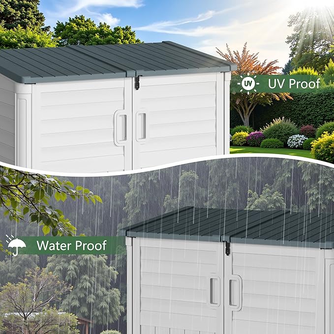 Greesum Outdoor Storage Shed 34 Cu Ft with Lockable Doors, Waterproof Outdoor Storage Cabinet for Trash Cans, Patio Cushions, Gardening Tools with Wood Grain Finish (Beige)