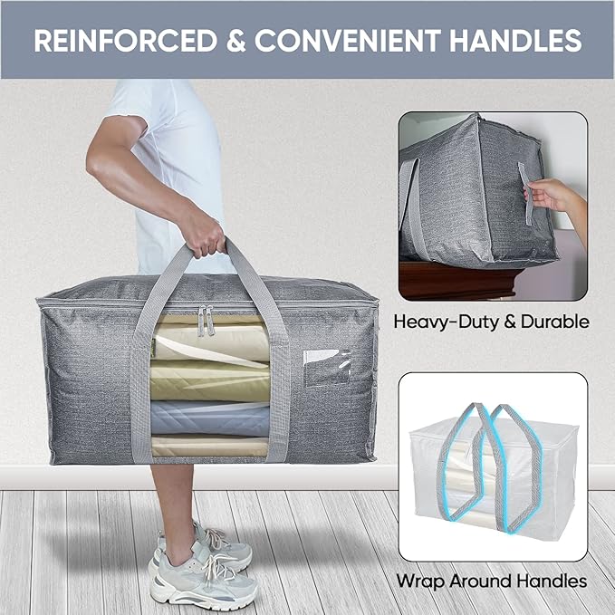 BALEINE 4-Pack Oversized Moving Bags with Reinforced Handles, Heavy-Duty Storage Tote Moving Supplies for Packaging, Camping (Gray w/Window, 4-Pack)