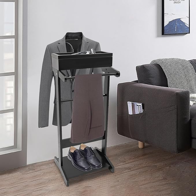 Valet Stand for Man, Suit Clothes Wood Stands, Wooden Coat Hanger Rack with Top Tray, Clothing Rack Organizer with Shoe Rack & Lidded Storage, Freestanding Belt Holder Mens Valet Stand (Black)