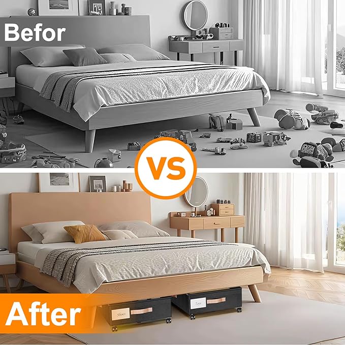 Under Bed Storage with Wheels, 2 Pack Under Bed Storage Containers with Dividers & Clear Lids, Under the bed storage Organizer Bins,Underbed Storage with Wheels for Clothes,Toys,Shoes (Black, 2 Pack)