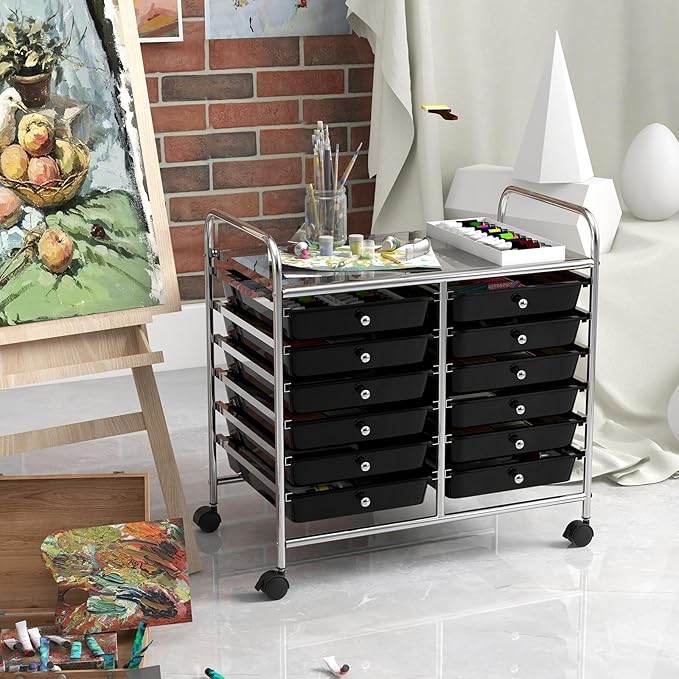 GOFLAME 12-Drawer Rolling Storage Cart, Multifunctional Art Craft Organizer Cart, Mobile Utility Storage Cart with Removable Drawers & Lockable Wheels, Craft Cart for Home Office School, Black