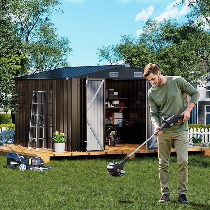COMHOMA Shed Outdoor Storage Shed Metal,Lockable Doors Tool Sheds with Sloping Roof,Steel Garden Shed with Air Vent for Backyard,Patio,Lawn,Poolside (Brown, 10'x12')
