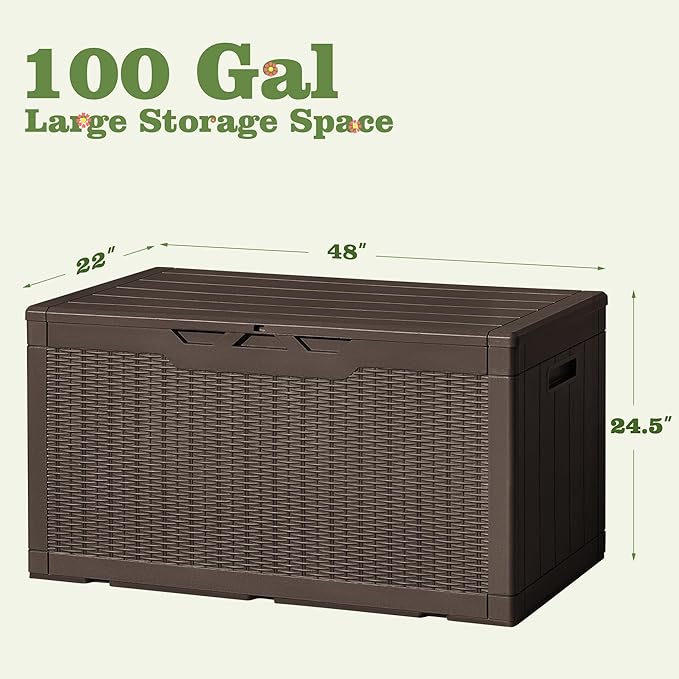 Flamaker Outdoor Storage Box 100 Gallon Waterproof Resin Deck Box Delivery with Air Rod Indoor Outdoor Lockable Storage Bench for Patio Cushions, Tools, Pool Accessories (Deep Brown)