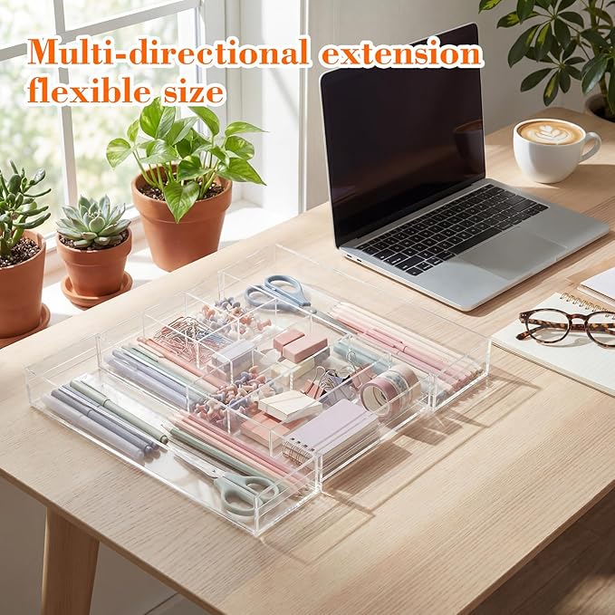 1 Pcs Acrylic Desk Drawer Organizer 9'' up to 17'' x 15'' x 2.1'' Expandable Drawer Organizer Trays with 9 Adjustable Compartments Clear Desk Accessories for Makeup Office Bathroom