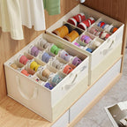 2 Pack Shoe Organizer for Closet, Large Shoe Box Storage Containers, Foldable Shoe Storage Organizer Box Bin with Adjustable Dividers and Clear Cover, Space Saving Shoes Holder, Beige