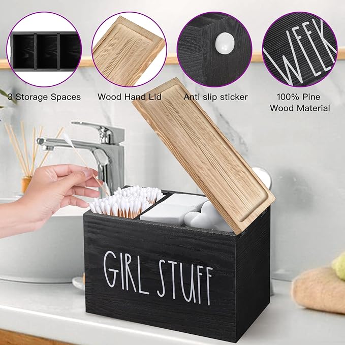 Tampons Holder for Bathroom, Pad and Tampon Organizer with Tray Lid, Wooden Feminine Product Shark Week Tampon Storage Organizer, Bathroom Accessories Small Storage Box - Black