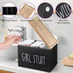 Tampons Holder for Bathroom, Pad and Tampon Organizer with Tray Lid, Wooden Feminine Product Shark Week Tampon Storage Organizer, Bathroom Accessories Small Storage Box - Black