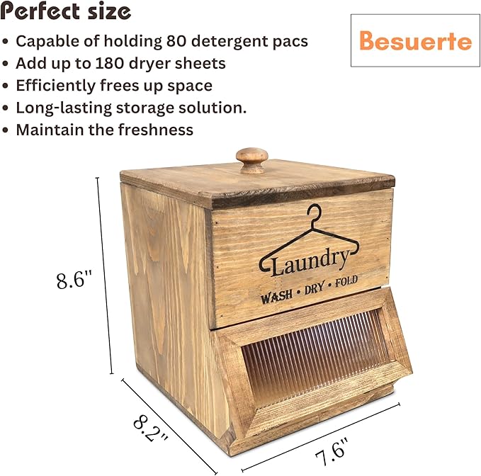 Besuerte Laundry Pod Holder - 2 Tiered Rustic Wooden Dispenser, Dryer Sheet Container for Laundry Room Organizer, Brown
