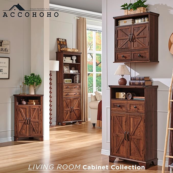ACCOHOHO 72" Tall Bathroom Storage Cabinet, Farmhouse Storage Cabinet with Adjustable Shelves, Barn Door & 2 Drawers, Cabinet for Bathroom, Living Room & Kitchen, Brown