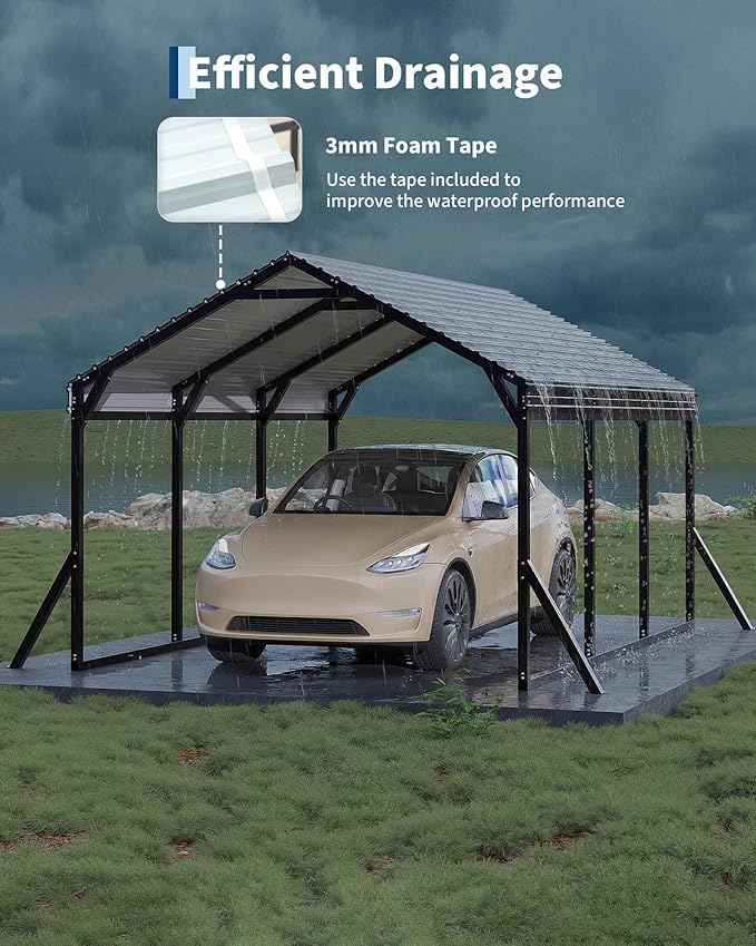 Garvee 10x15x9 ft Metal Carport, Car Port with Reinforced Frame and Steel Roof for All-Weather Use, Permanent Shelter for Sedans, SUVs, or Boats