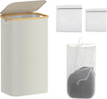 100L Laundry Hamper with Lid,Collapsible Laundry Basket, Dirty Clothes Basket, Storage Case with Bamboo Support - Handles - Removable Inner Bag - 2x Washing Mesh Bags for Bedroom Dorm Bathroom (Beige)