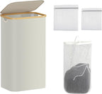 100L Laundry Hamper with Lid,Collapsible Laundry Basket, Dirty Clothes Basket, Storage Case with Bamboo Support - Handles - Removable Inner Bag - 2x Washing Mesh Bags for Bedroom Dorm Bathroom (Beige)