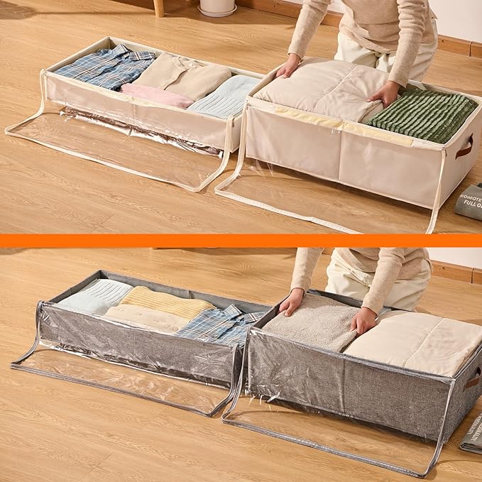 60L Large Under Bed Storage with Wheels Pack of 2, Underbed Shoe Container Bin with Clear Lid Cover, 10.5 Inches Rolling Under Bed Drawer Storage Bag Basket for Boots Quilt Sweater - White