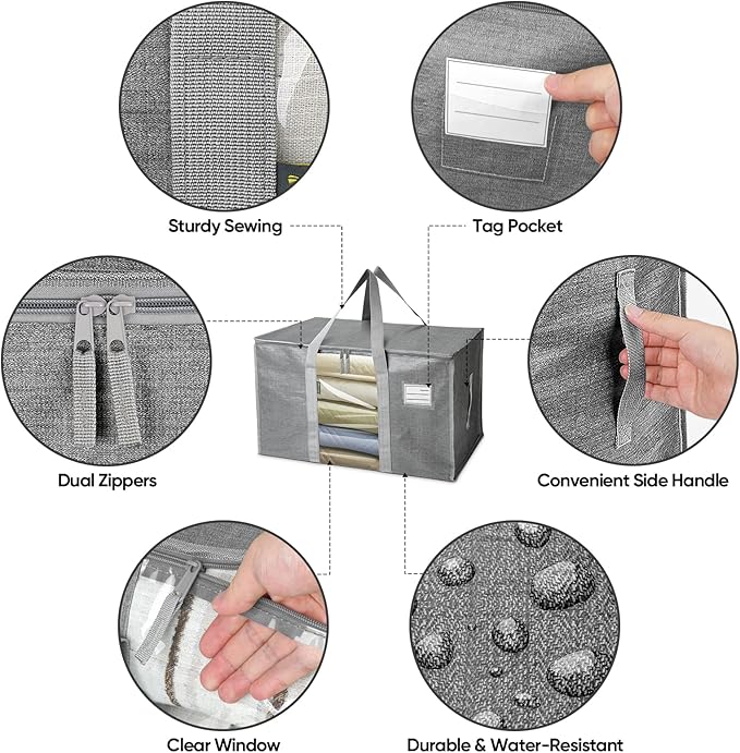 BALEINE 4-Pack Oversized Moving Bags with Reinforced Handles, Heavy-Duty Storage Tote Moving Supplies for Packaging, Camping (Gray w/Window, 4-Pack)