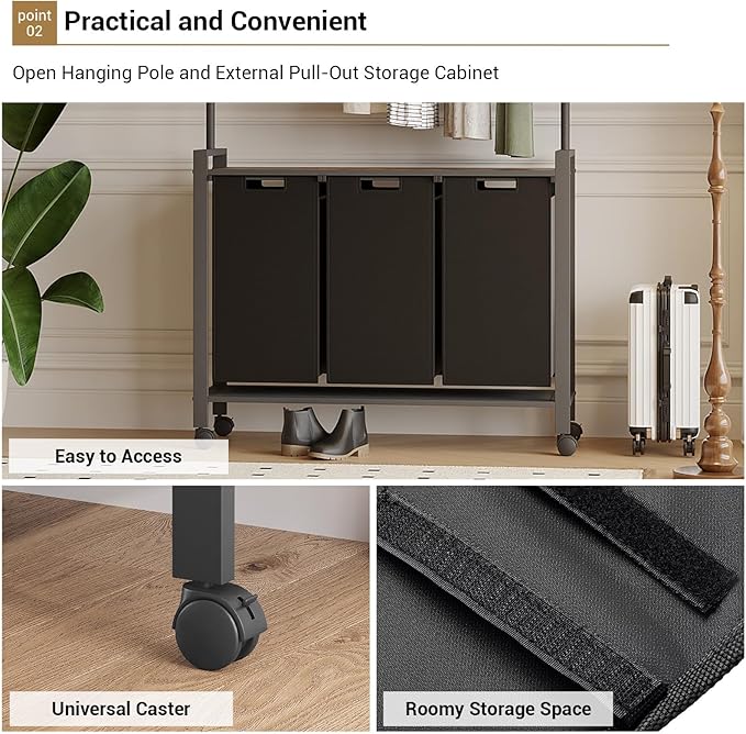 Laundry Sorter Cart with Hanging Rod, 3 Section Laundry Hamper with Wheels for Small Spaces, Laundry Organizer, Dirty Clothes Hamper for Apartment, Dorm