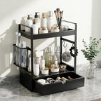 2-Tier Bathroom Counter Organizer with Drawer Basket and Hooks, Wood Bathroom Organizers and Storage for countertop, Farmhouse Black Countertop Organizer, Counter Shelf for Vanity, Kitchen, Office