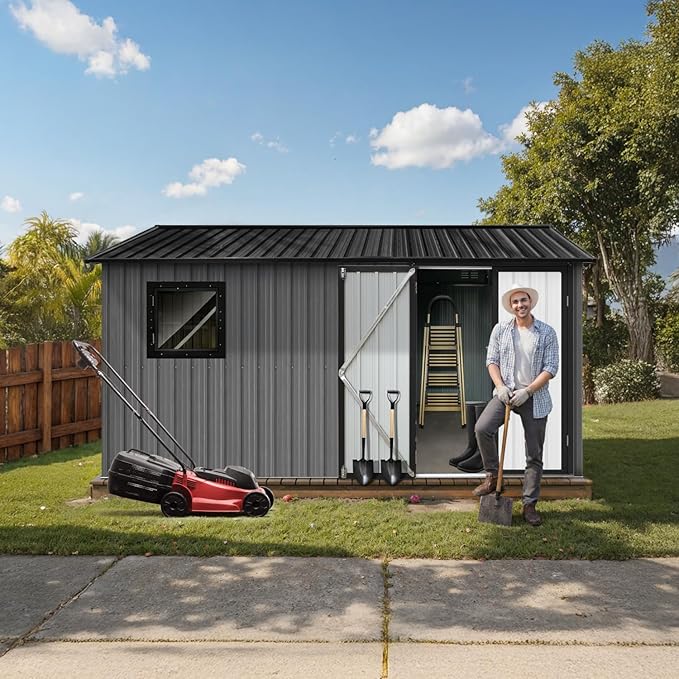 10' x 10' XL Outdoor Storage Shed, Sturdy Metal Building w/Floor and Operable Window for Garden, Backyard, Poolside and Lawn, Grey