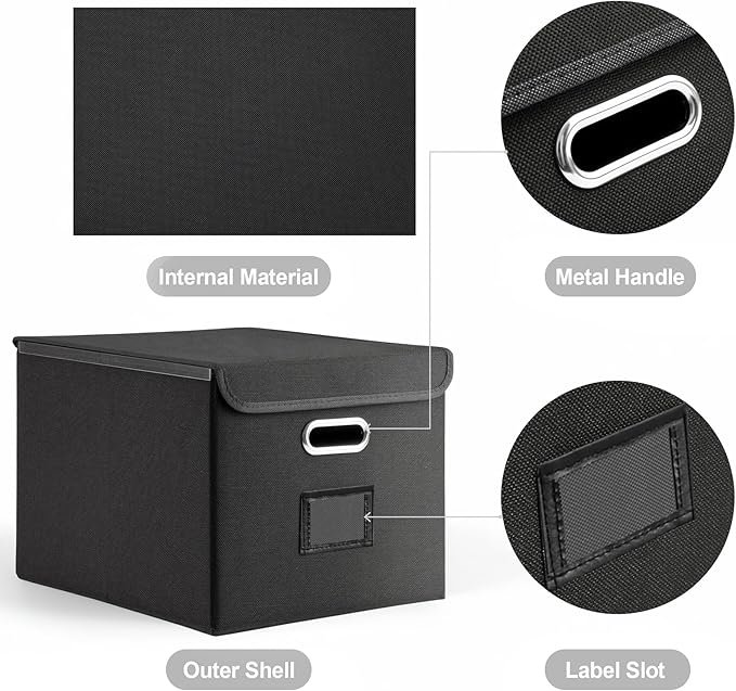 Collapsible File Box with Lid & Plastic Slide - Hanging Document Organizer for Office/Home, 14.96x12.6x10.83 Inch,Black, 2 Pack (No Folders Included)