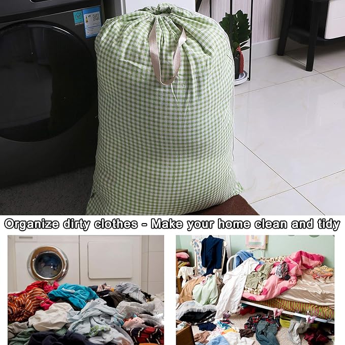 Extra Large Laundry Bag with Drawstring and Handle, Heavy Duty Travel Dirty Clothes Bag for Laundromat and Household, Durable Rip-Stop Laundry Hamper Liner, 28 x 40 Inch, Check Green